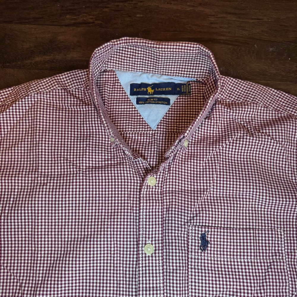 Ralph Lauren Burgundy Checkered Button-Down Shirt, Embroidered Logo, XL Slim Fit